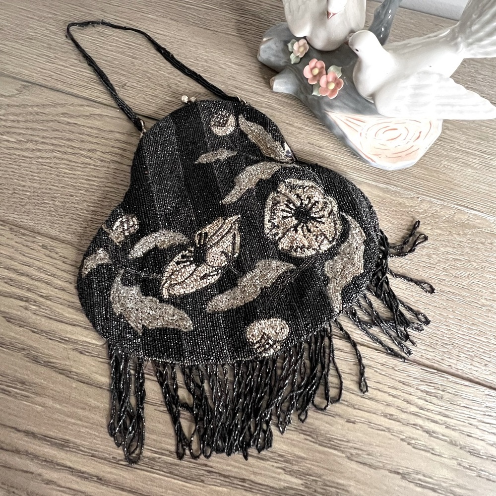 Vintage Beaded Silver & Black 1930s Evening Bag